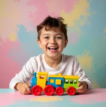 AI-generated portrait of a boy smiling with toy train
