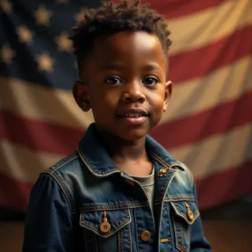 Boy wearing a denim jacket, USA flag backdrop, AI-generated