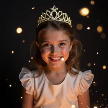 Portrait of girl wearing a tiara, surrounded by soft floating sparkles