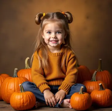 Girl sitting among real pumpkins, AI-generated