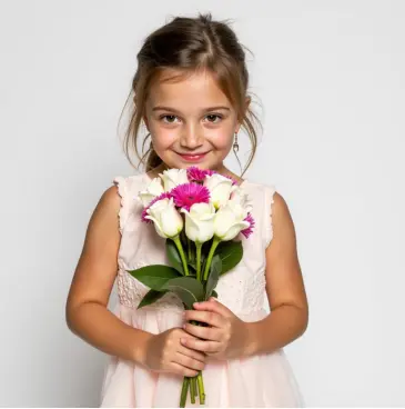 Girl posing with flower bouquet, AI-generated