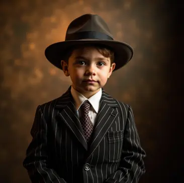 AI-generated portrait of a child in vintage pinstripe suit and fedora, AI-generated