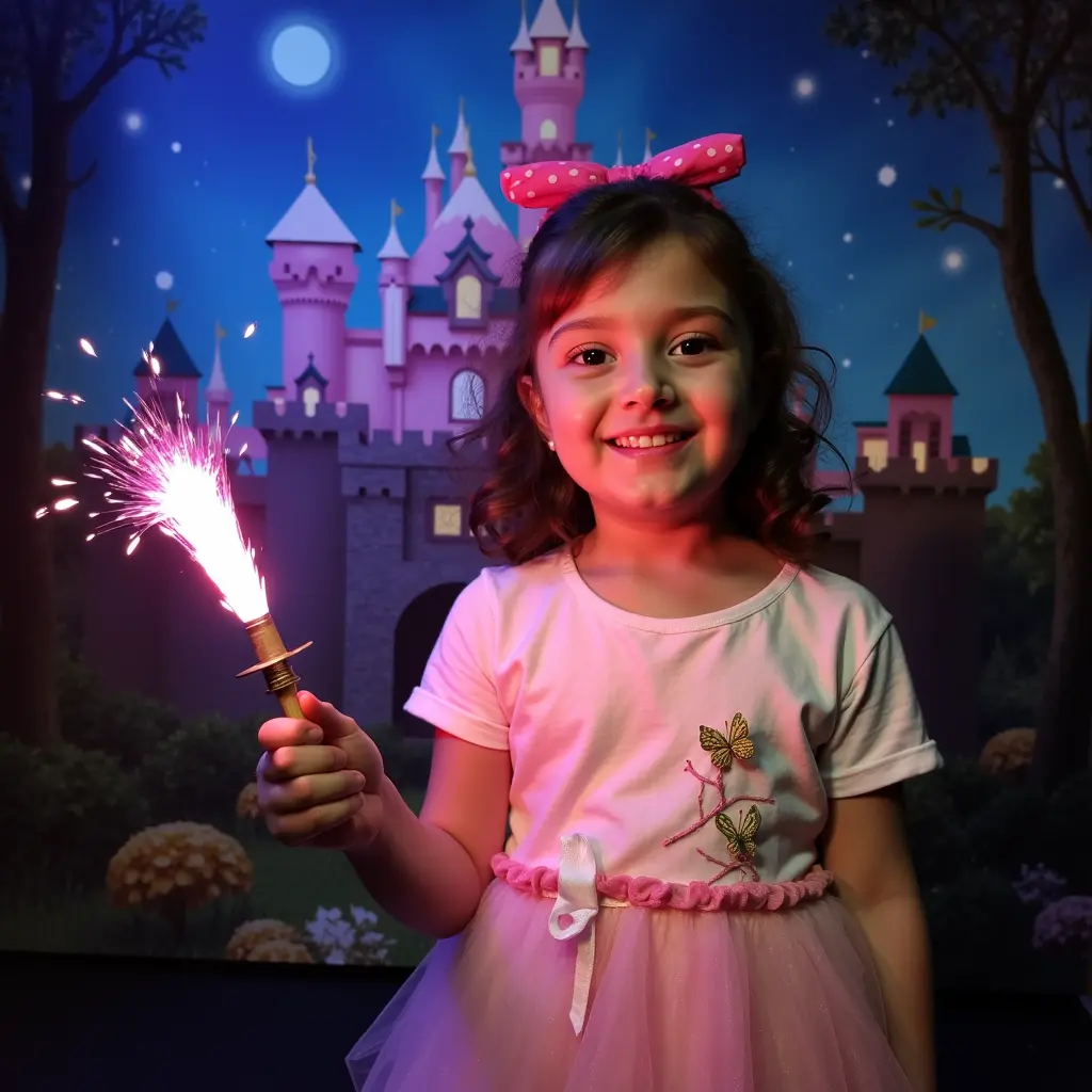 Girl in a princess gown with castle backdrop, AI-generated